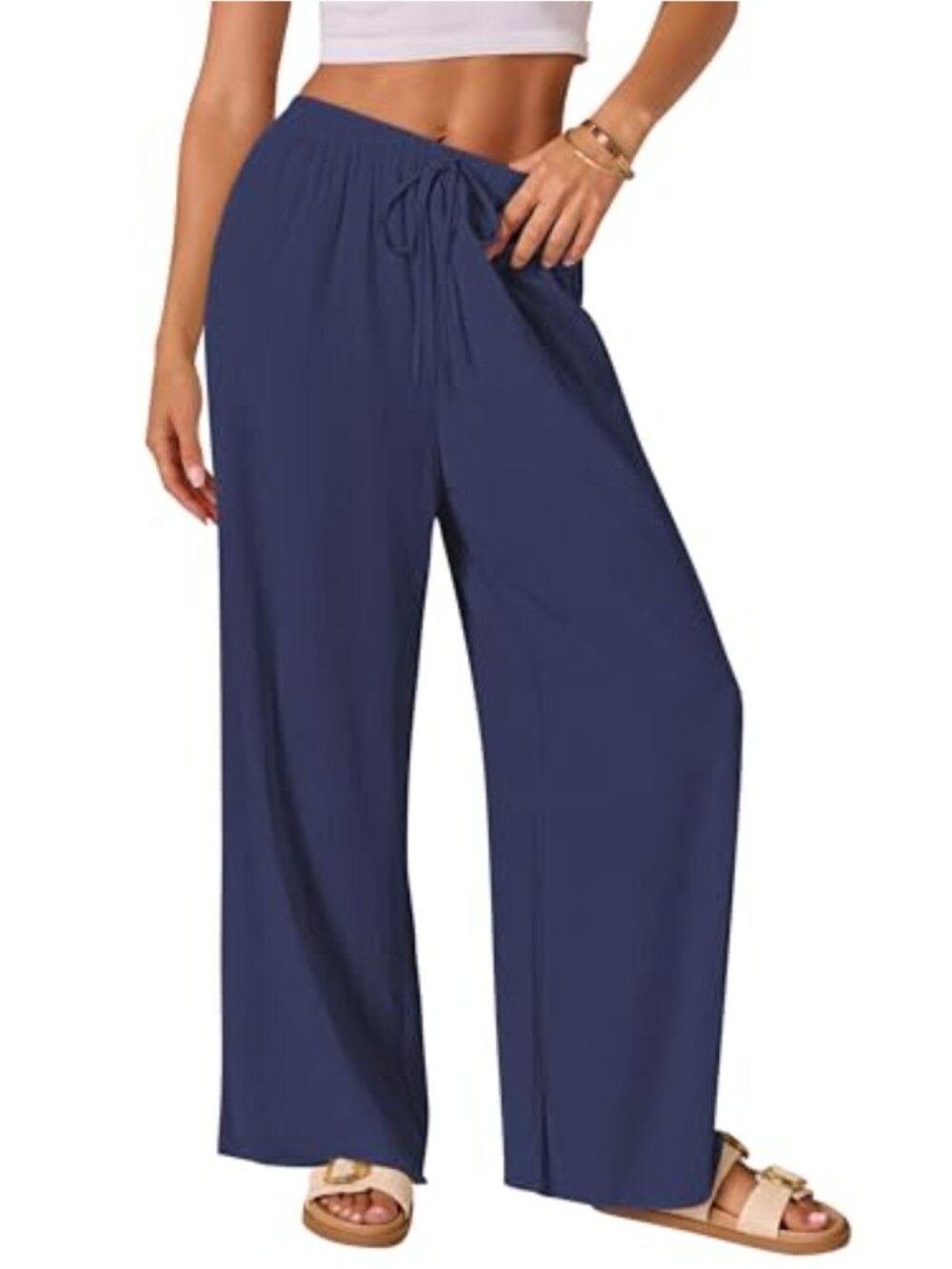 Cotton Linen Palazzo Pants Drawstring Elastic Waist Wide Leg Lounge Trousers